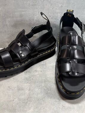 NEW Dr Martens Terry Leather Strappy Sandals Womens 12 Mens 11 Black 23521001